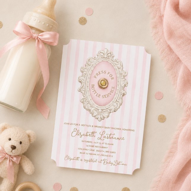 Convite de Chás de Bebê Garrafas Rosas e Brunch (Pink Bottles and Brunch Baby Shower Invitation)