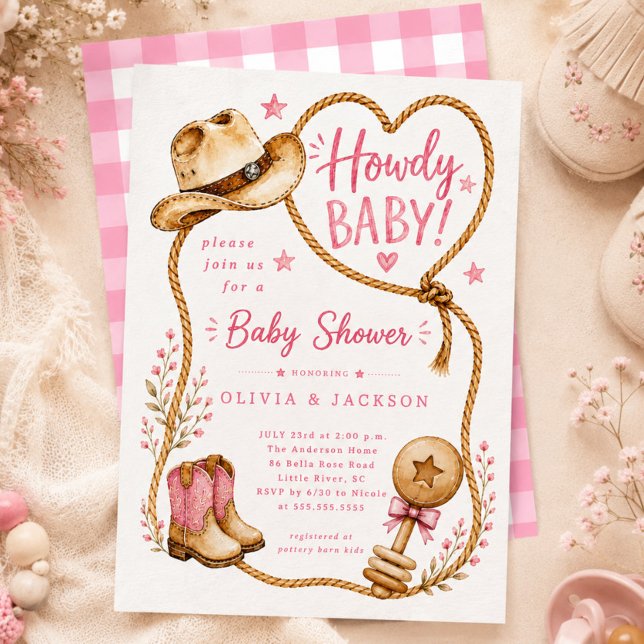 Convite de Chás de Bebê Howdy Rosa (Criador carregado)