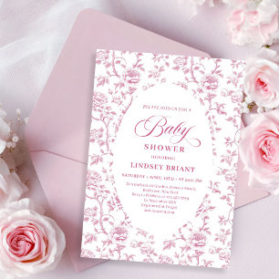 Convite de Chás de Bebê Luxuoso Floral Rosa Empoei