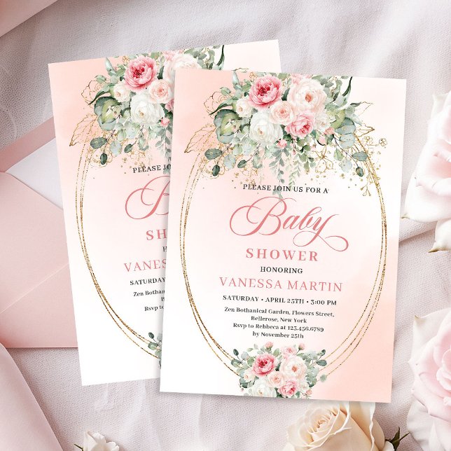 Convite de Chás de Bebê Luxuoso Rosa Floral Dourad (Luxury Blush Floral Gold Baby Shower Invitation)