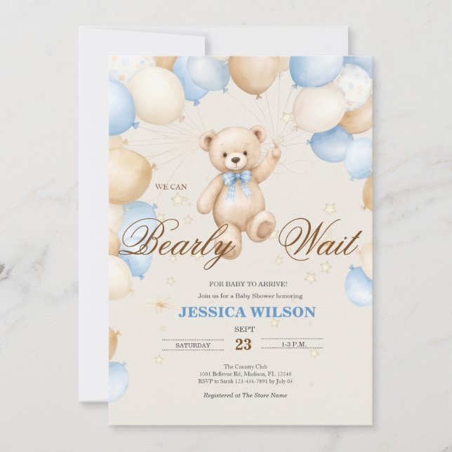 Convite de Chás de Bebê "Mal posso Esperar" Urso d (Frente)