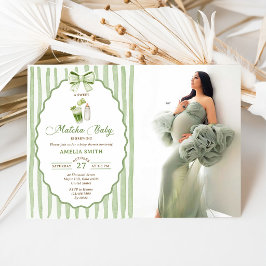 Convite de Chás de Bebê Matcha com Listras de Laço