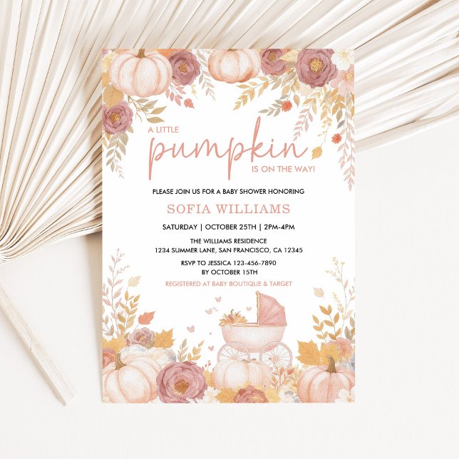 Convite de Chás de Bebê Menina Abóbora Rosa Outono (Little Pumpkin Baby Shower Invitation in Blush and Gold)