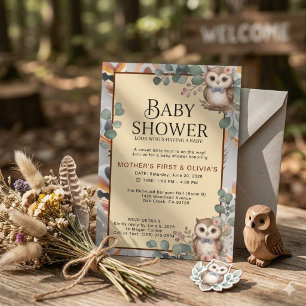 Convite de Chás de Bebê Menina Boho Coruja