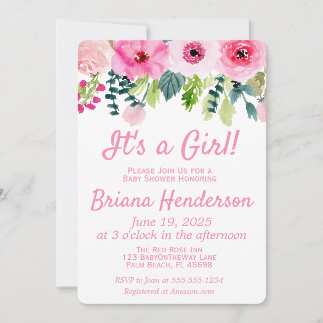 Convite de Chás de Bebê Menina com Floral Rosa (Frente)