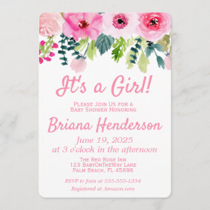 Convite de Chás de Bebê Menina com Floral Rosa