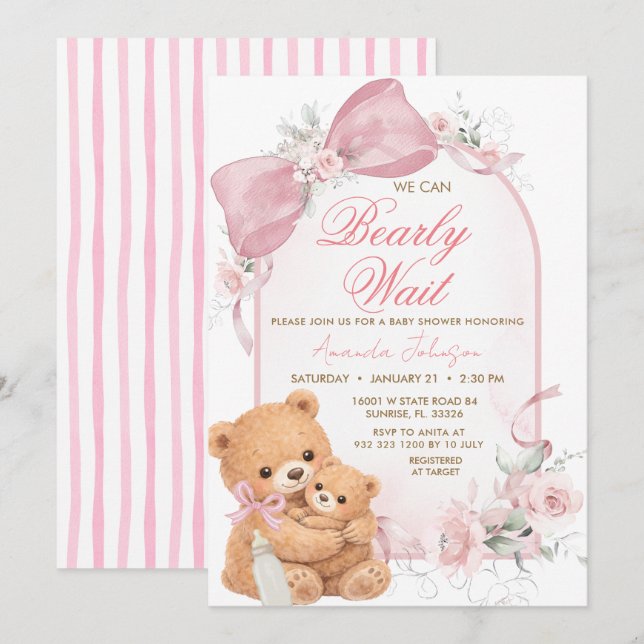Convite de Chás de Bebê Menina com Laço Rosa Bearl (Frente/Verso)