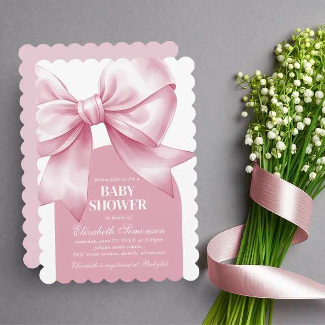Convite de Chás de Bebê Menina com Laço Rosa Elega (Pink Bow Baby Girl Elegant Baby Shower Invitation)