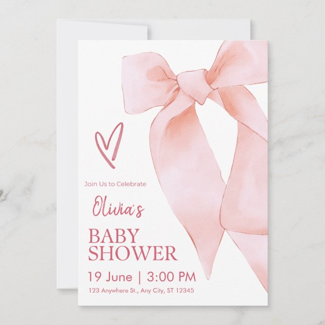 Convite de Chás de Bebê Menina com Laço Rosa Elega (Frente)