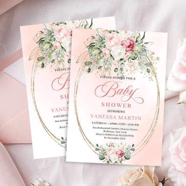 Convite de Chás de Bebê Menina com Rosas e Folhage (Soft Blush Roses Greenery Girl Baby Shower Invitation)