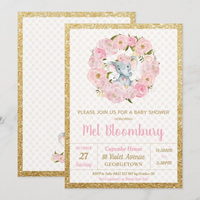 Convite de Chás de Bebê Menina Elefante Floral Ros (Frente/Verso)