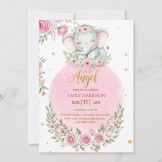 Convite de Chás de Bebê Menina Elefante Fofo Flora