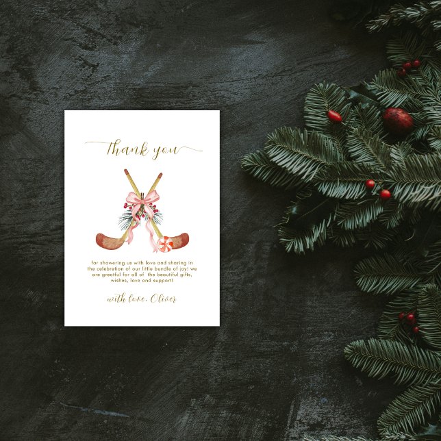 Convite de Chás de Bebê Menina Estrelas da Patinaç (Cute All Stars Bow Hockey Girl Baby Shower Thank You Card)