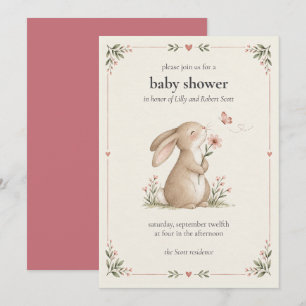 Convite de Chás de Bebê Menina Floral Coelhinho Fo