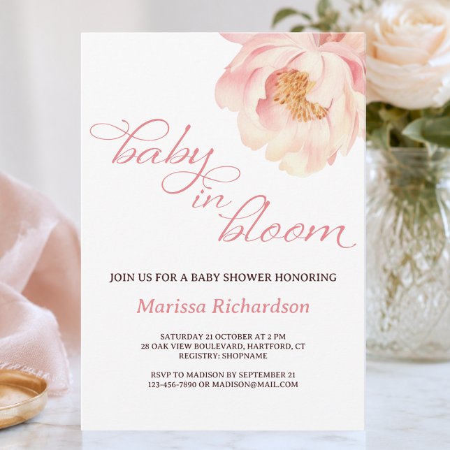 Convite de Chás de Bebê Menina Pink Baby in Bloom (elegant pretty blush pink peony floral baby in bloom invitation card for baby girl)