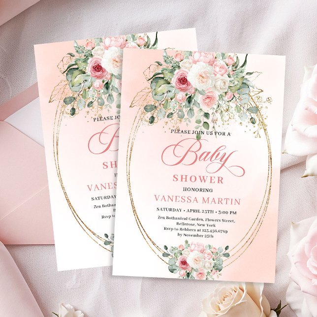 Convite de Chás de Bebê Menina Rosa Dourado Femini (Feminine Blush Rose Gold Girl Baby Shower Invitation)
