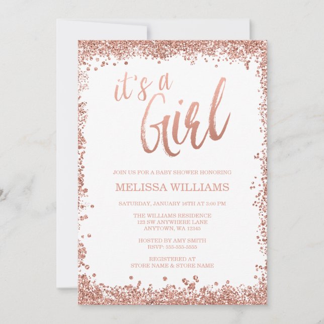 Convite de Chás de Bebê Menina Rose Gold Brilho Fa (Frente)