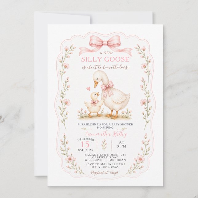Convite de Chás de Bebê Menina Silly Goose com Laç (Frente)