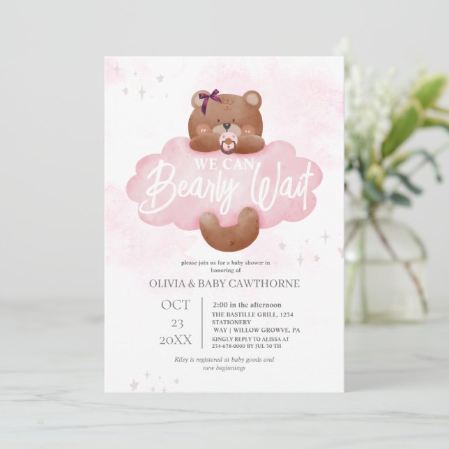 Convite de Chás de Bebê Menina We Can Bearly Wait (Em pé/Frente)