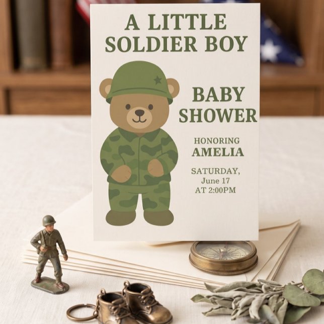 Convite de Chás de Bebê Menino Ursinho Soldadinho (Little Soldier Teddy Bear Baby Shower Invitation | Military Boy Announcement)