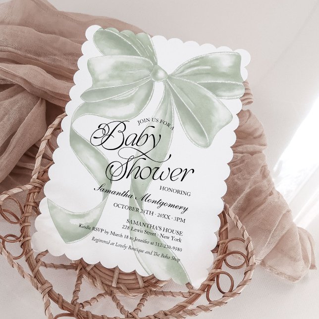 Convite de Chás de Bebê Neutro com Laço Sage Coque (Criador carregado)