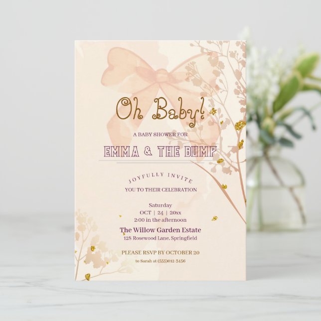 Convite de Chás de Bebê Oh Baby Bow Floral (Em pé/Frente)