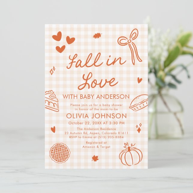 Convite de Chás de Bebê Orange Gingham Desenhado à (Em pé/Frente)