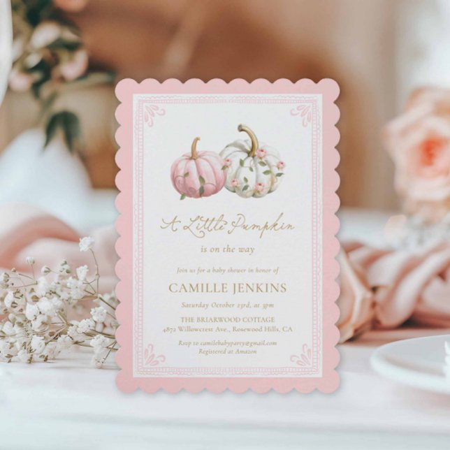 Convite de Chás de Bebê Outono Rosa Abóbora (Fall Pink Girl Baby Shower Invitation)