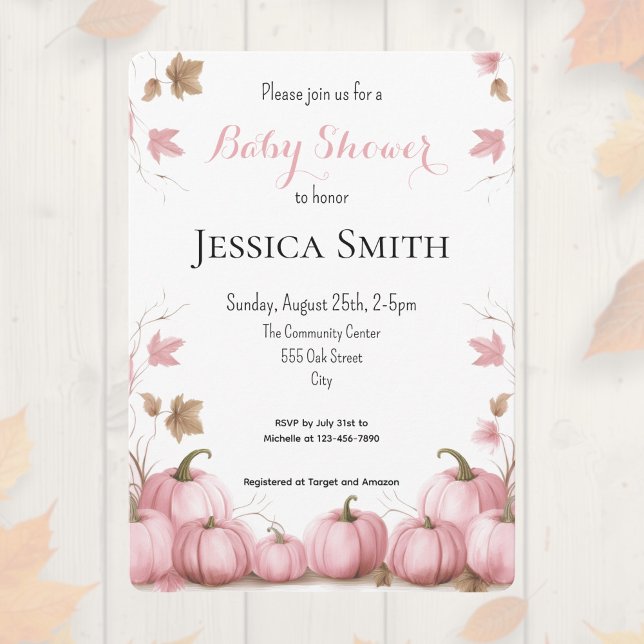 Convite de Chás de Bebê para Abóbora Rosa (Editable pink pumpkin theme baby shower invitation. )