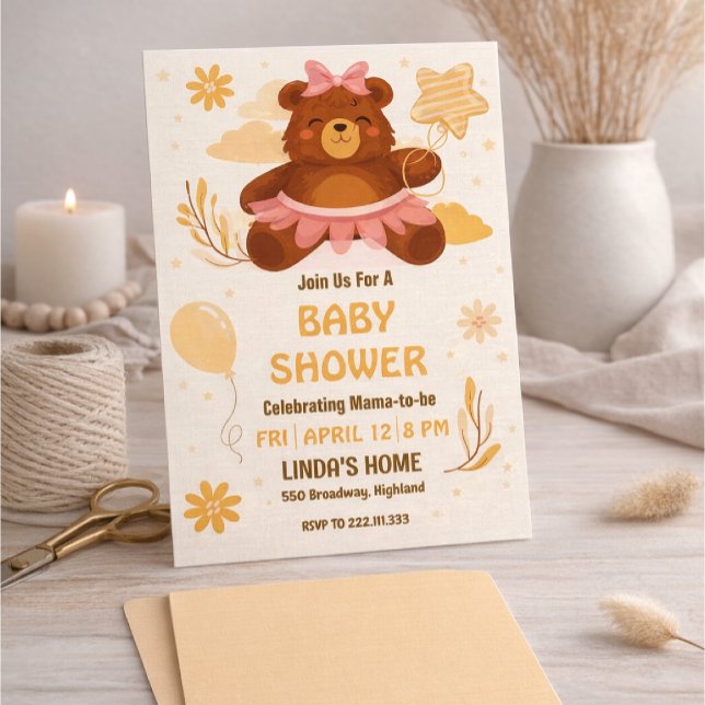Convite de Chás de Bebê para Menina Urso Teddy Fof (Criador carregado)