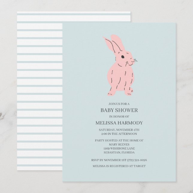 Convite de Chás de Bebê para o Azul Doce Bunny Bab (Frente/Verso)
