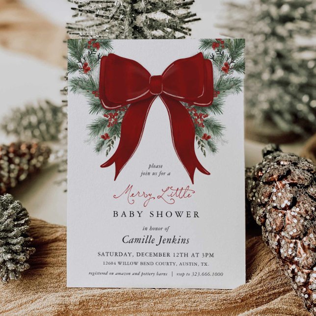 Convite de Chás de Bebê para um Natal Alegre (Merry Little Christmas Baby Shower Red bow and wreath)