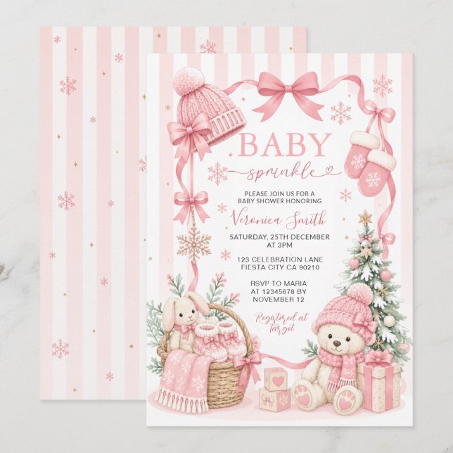 Convite de Chás de Bebê Pink bear Winter Baby Spri (Frente/Verso)