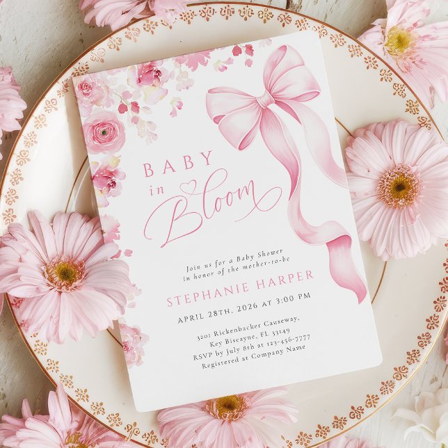 Convite de Chás de Bebê Pink Bow Baby In Bloom  (Criador carregado)