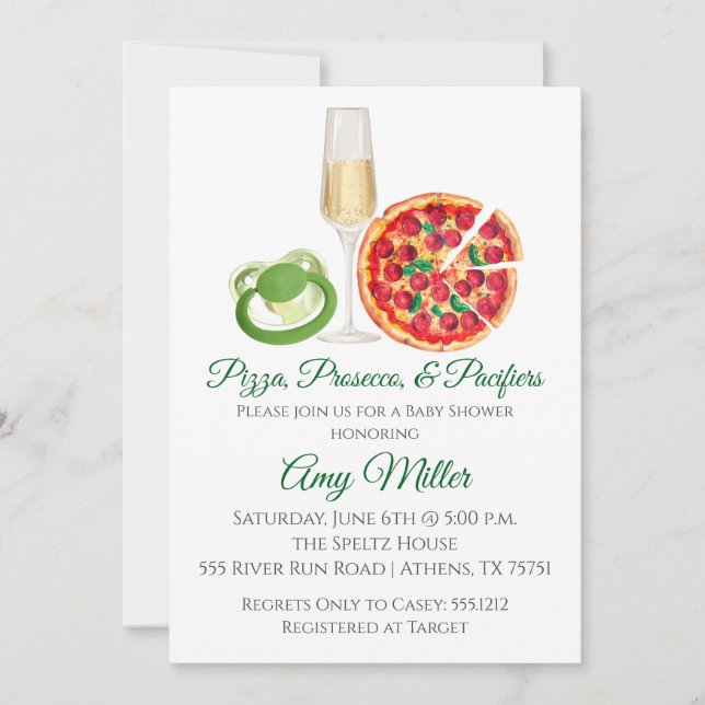 Convite de Chás de Bebê Pizza Prosecco e Chupeta (Frente)