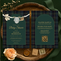 Convite de Chás de Bebê Plaid Green Teddy Bear All