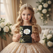 Convite de Chás de Bebê Preto Floral Dourado Elega