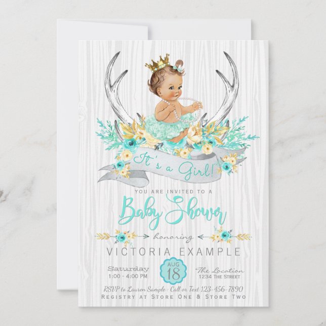 Convite de Chás de Bebê Princesa Boho com Galhada  (Frente)