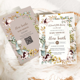 Convite de Chás de Bebê QR Coelhos Botânicos Vinta