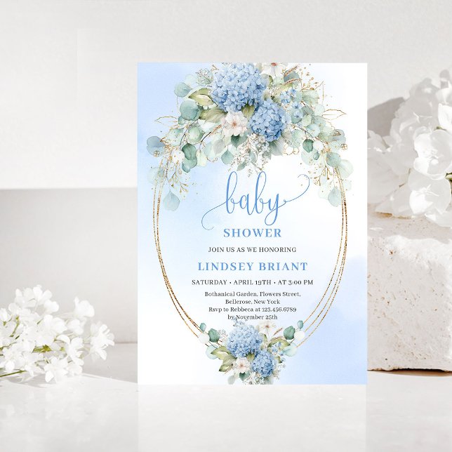 Convite de Chás de Bebê Refined Bohemian Blue Hydr (Refined Bohemian Blue Hydrangea Baby Shower Invitation)