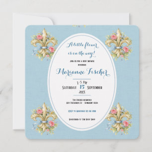 Convite de Chás de Bebê Retro Azul Fleur de Lys