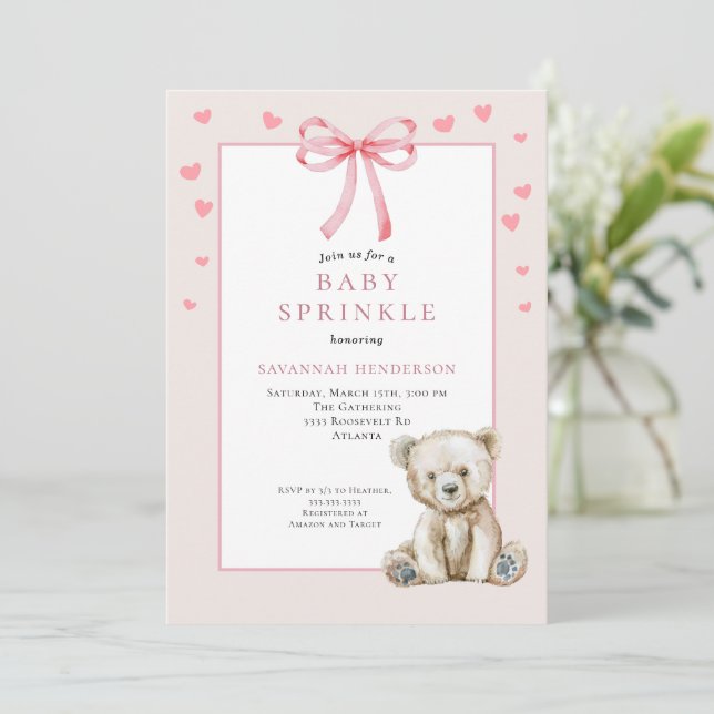 Convite de Chás de Bebê Rosa Desbotado com Laço e  (Em pé/Frente)