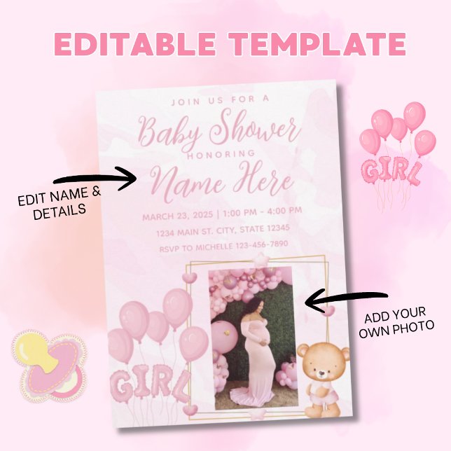 Convite de Chás de Bebê Rosa Elegante (Criador carregado)