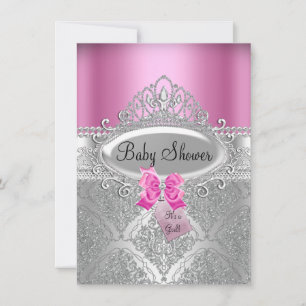 Convite de Chás de Bebê Rosa Tiara & Damask Prata