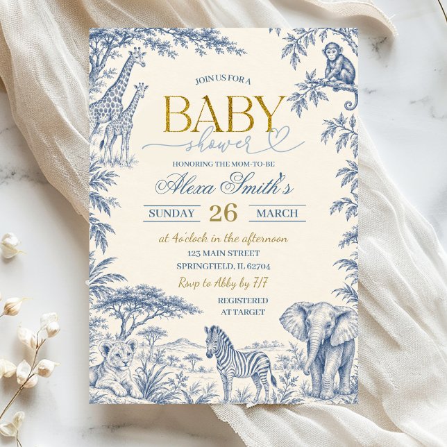 Convite de Chás de Bebê Safari Toile Azul (Criador carregado)