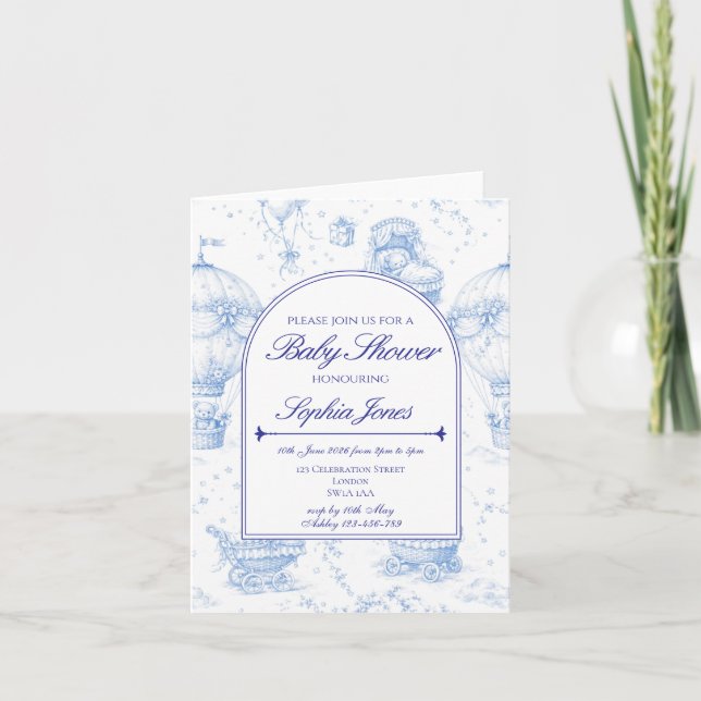 Convite de Chás de Bebê Toile de Jouy Azul (Frente)