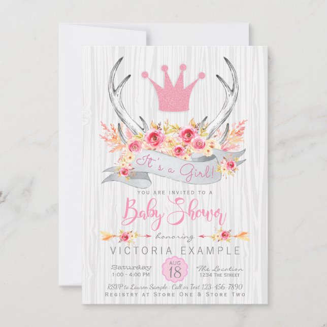 Convite de Chás de Bebê Tribal Boho Princesa Galha (Frente)