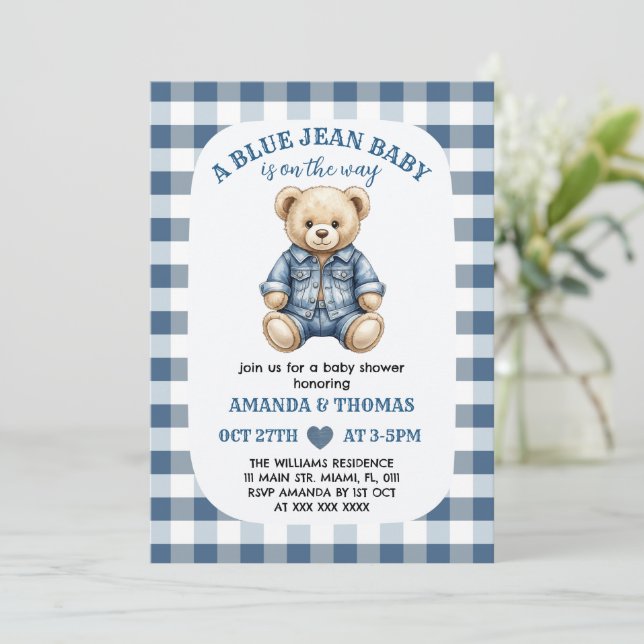 Convite de Chás de Bebê Urso Blue Jean (Em pé/Frente)