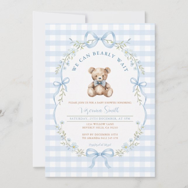 Convite de Chás de Bebê Urso com Laço Xadrez Azul (Frente)