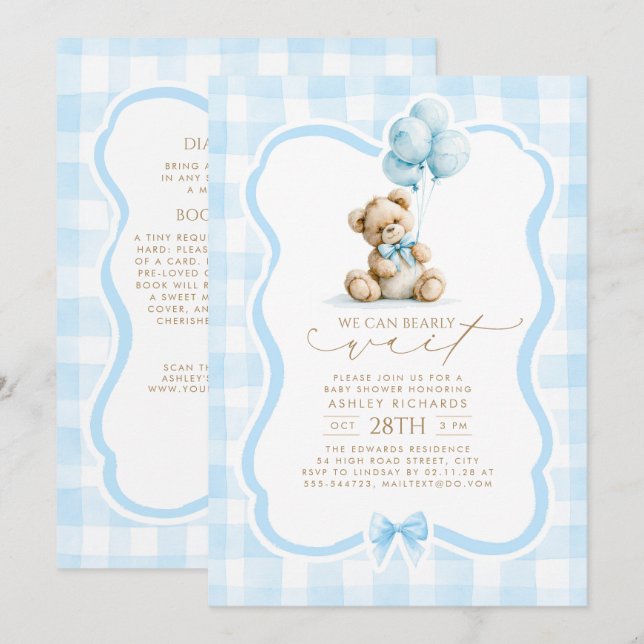 Convite de Chás de Bebê Urso de Pelúcia Azul Xadre (Frente/Verso)